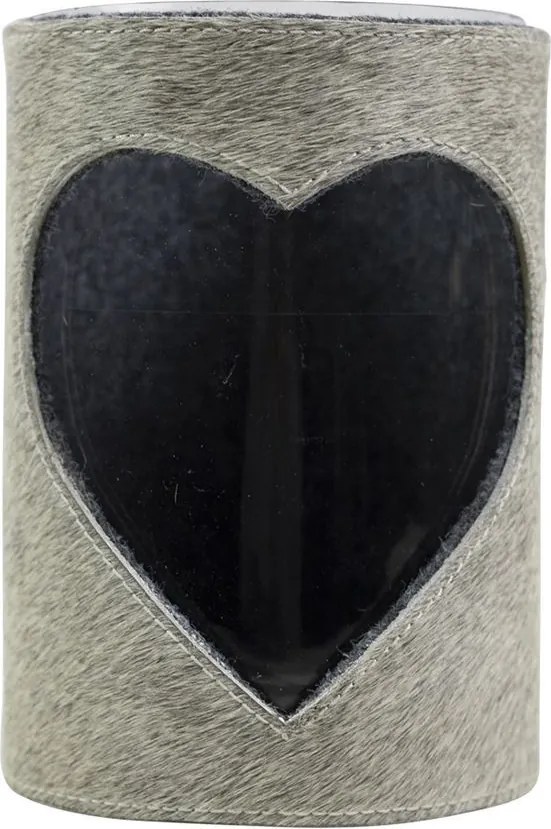 Šedý svietnik z kravskej kože s motívom srdca - Ø 15 * 20,5cm