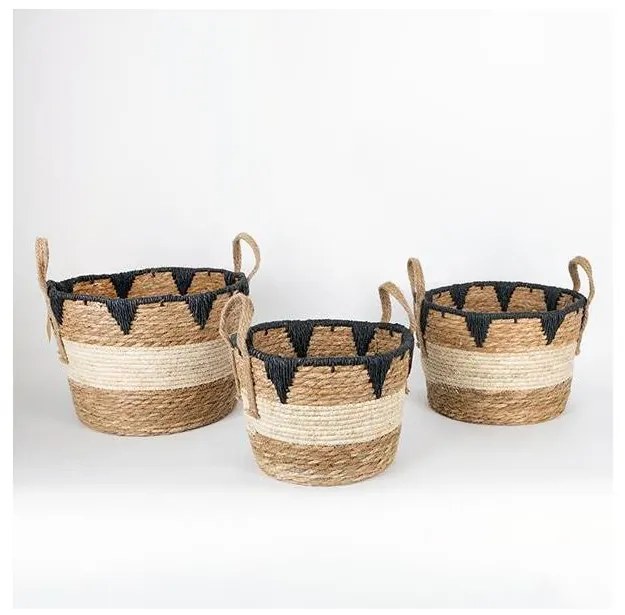 SADA 3x Slamený košík béžová/čierna 27x20/30x22/36x28 cm