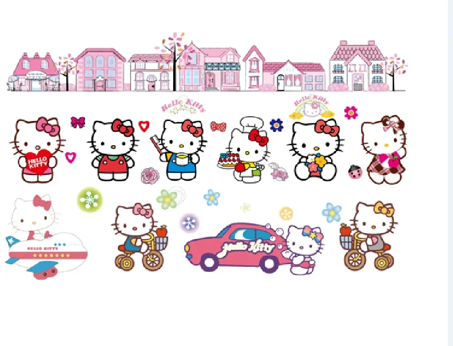 Veselá Stena Samolepka na stenu na stenu Hello Kitty s domčekmi