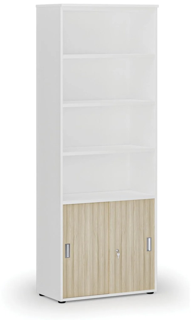 Kombinovaná kancelárska skriňa PRIMO WHITE, zasúvacie dvere na 2 poschodia, 2128 x 800 x 420 mm, biela/dub prírodná
