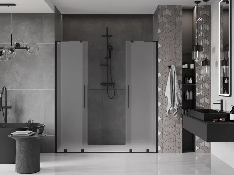 Mexen Velar L Duo, posuvné sprchové dvere do otvoru 200 cm, 8mm sklo námraza, čierna matná, 871-200-003-32-70