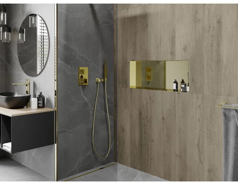 Mexen X-Wall-NR, polička na zapustenie pod obklad bez goliera 75 x 30 cm, zlatá lesklá, 1951753010