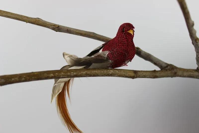 Bordový dekoračný vtáčik na štipci 13cm
