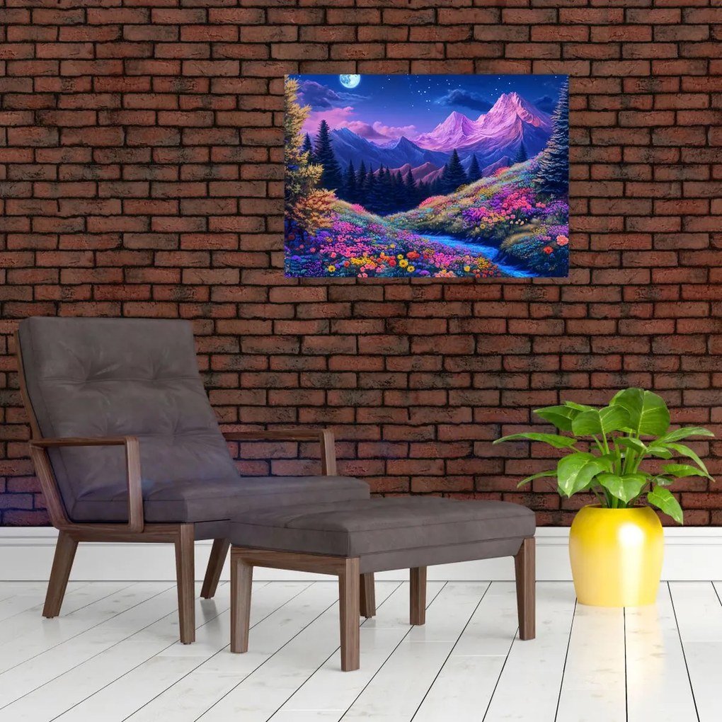 Sklenený obraz - Fialová krajina pri úplnku (70x50 cm)
