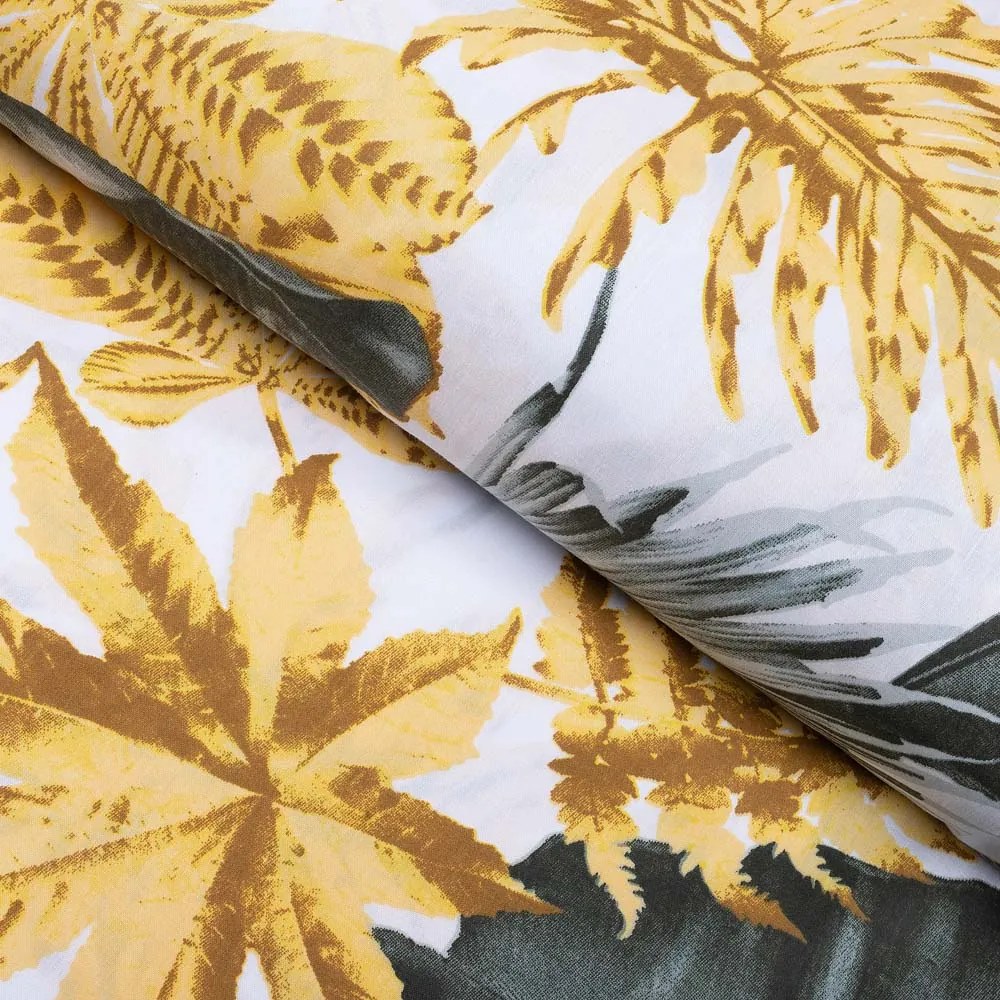 Biante Bavlnený behúň na stôl Sandra SA-388 Sivozelené a zlaté tropické listy na bielom 35x140 cm