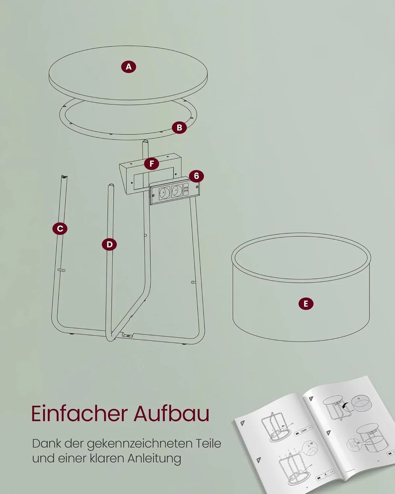 Okrúhly príručný stolík s nabíjacou stanicou, malý stolík so zásuvkou, lesná zelená a krémová biela