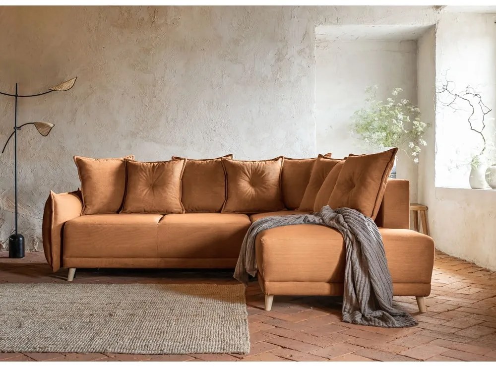 Menčestrová rozkladacia rohová pohovka v tehlovej farbe (pravý roh) Lazy Lukka – Miuform