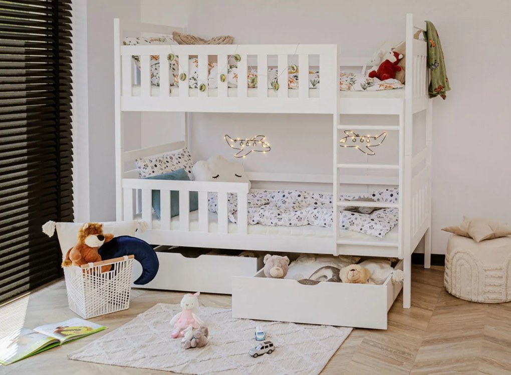 Detská poschodová posteľ z masívu borovice MARIE so zásuvkami 200x90 cm - biela