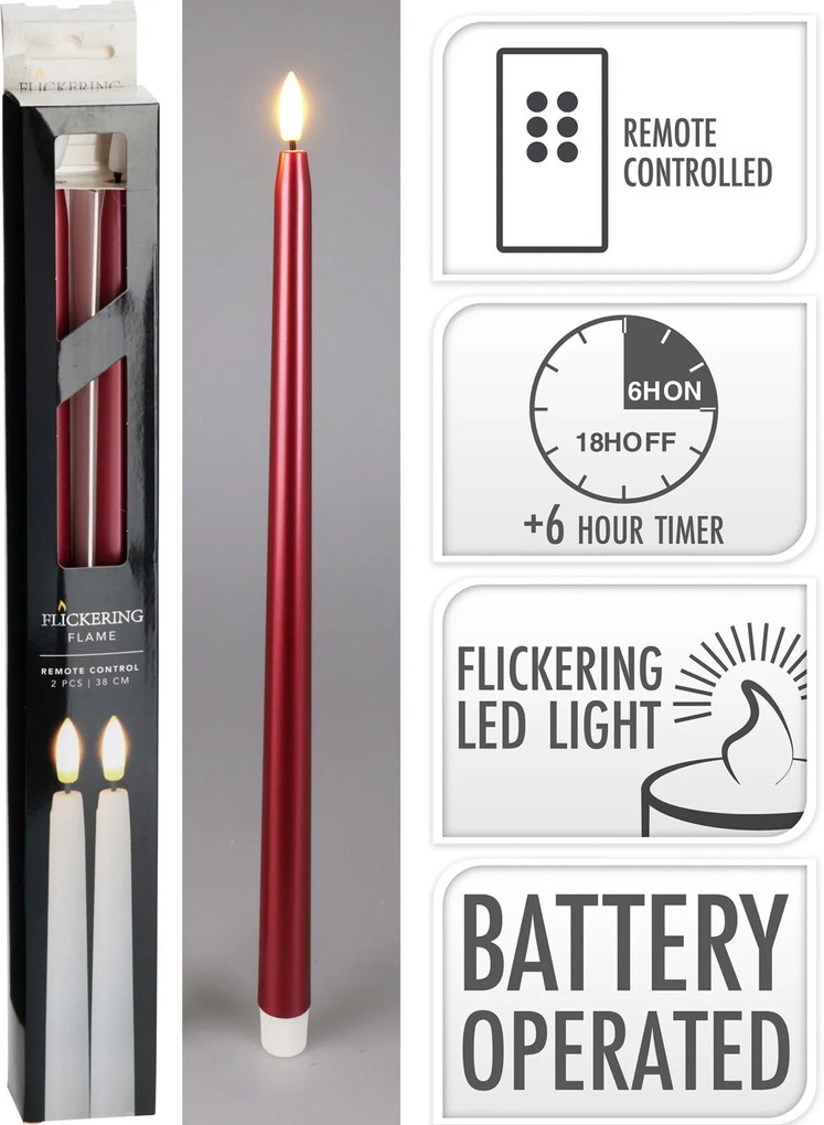 Sada 2 ks LED vysokých svíček s časovačem Aliya 38 cm červená