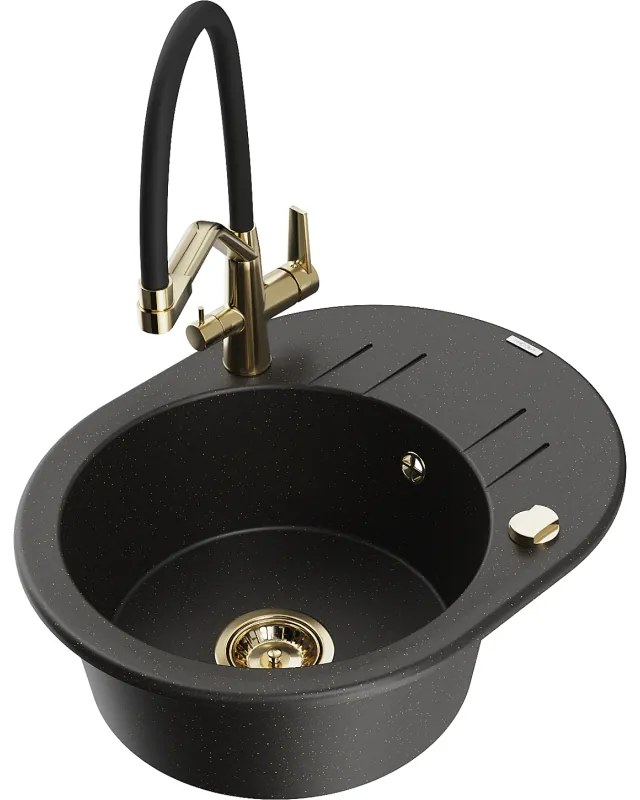Mexen Kevin, granitový drez 586x458x190 mm, 1-komorový a biela batéria Duo, čierna-zlatá metalíza, 6517-75-671701-57-G