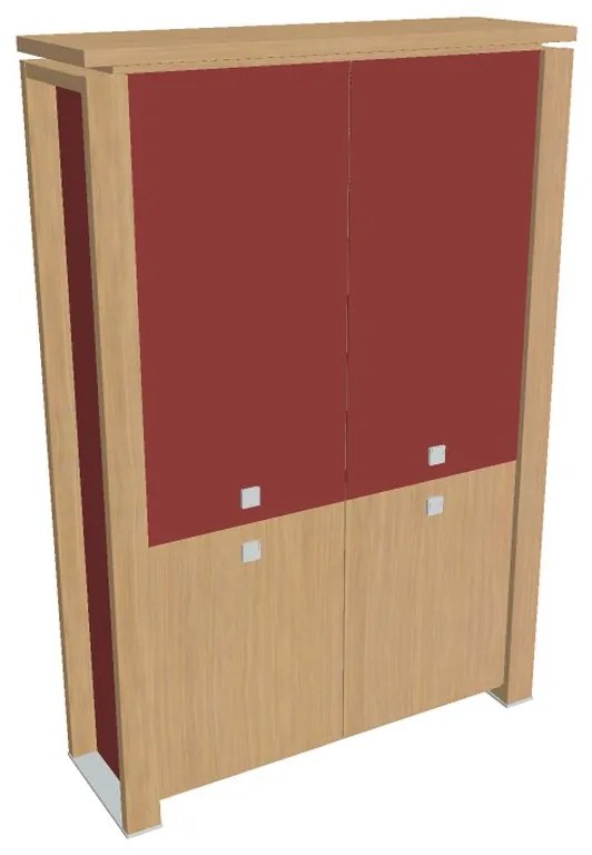 Vysoká skriňa Verno+ S 140 x 46 x 210 cm, kombinované dvere, dub svetlý / červená