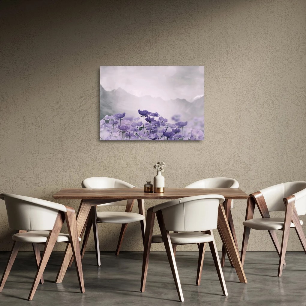 Sklenený obraz - Fialové kvety v horách (70x50 cm)