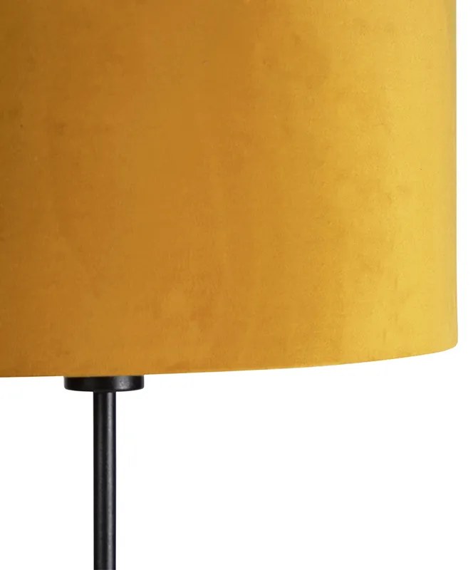 Stojaca lampa čierna s tienidlom z velúru okrovej žltej farby so zlatom 35 cm - Parte