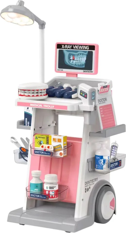 LEAN Toys Lekár Zubár Sada Lekársky svetelný vozík Ružová 26 el.