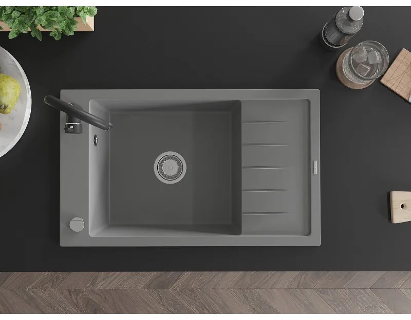 Mexen Elias, 1-komorový granitový drez s odkvapkávačom 795x480x200 mm a čierna matná kuchynská batéria Telma, šedá, 6511-71-670200-70