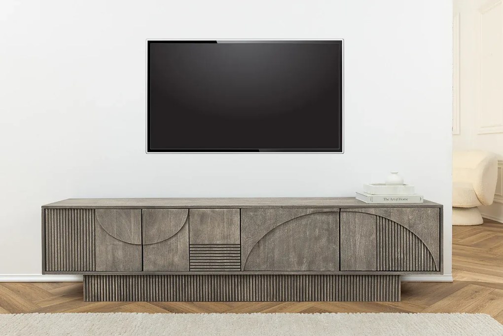 ART DECO tv komoda 200 cm 3D mangové drevo, dymová sivá