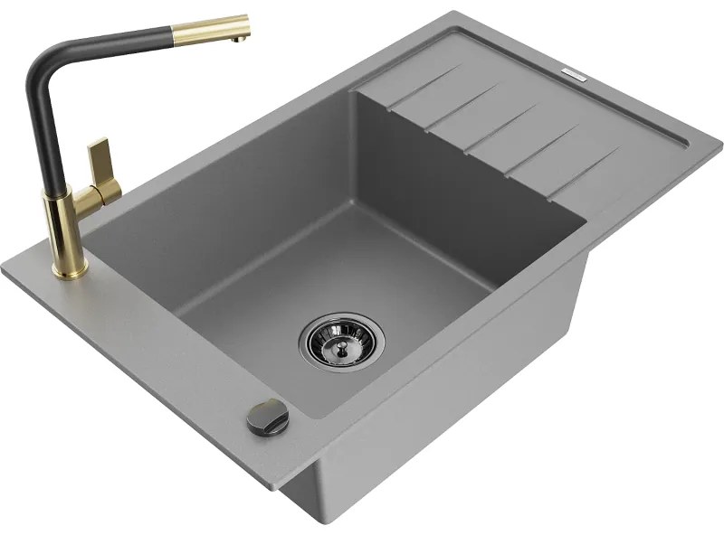 Mexen Elias, 1-komorový granitový drez 795x480x200 mm a drezová batéria Flora, šedá, 6511-71-670401-57-B