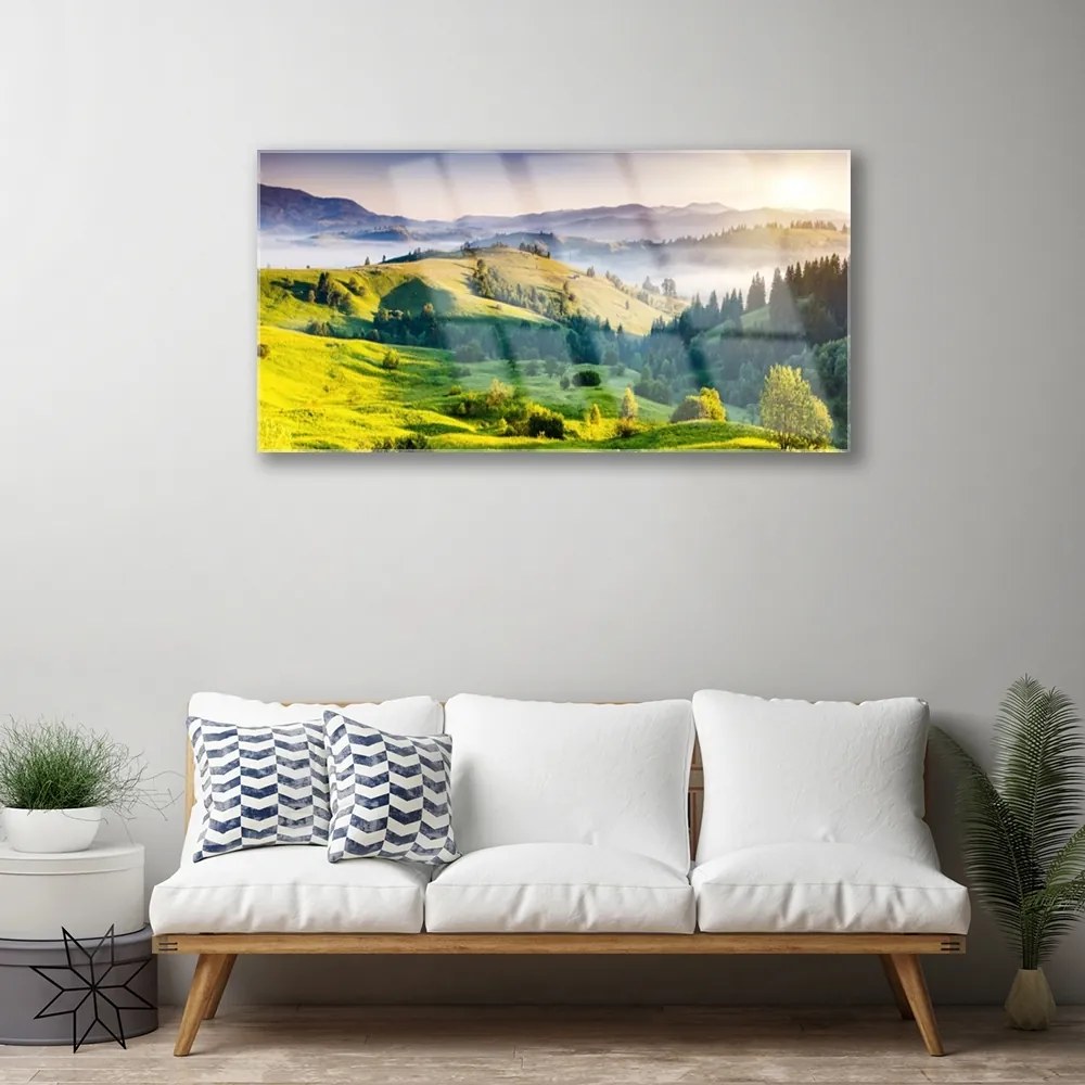 Obraz na akrylátovom skle Hora pole hmla príroda 100x50 cm