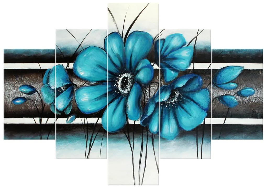 Gario Ručne maľovaný obraz Maľované tyrkysové kvety - 5 dielny Rozmery: 100 x 70 cm