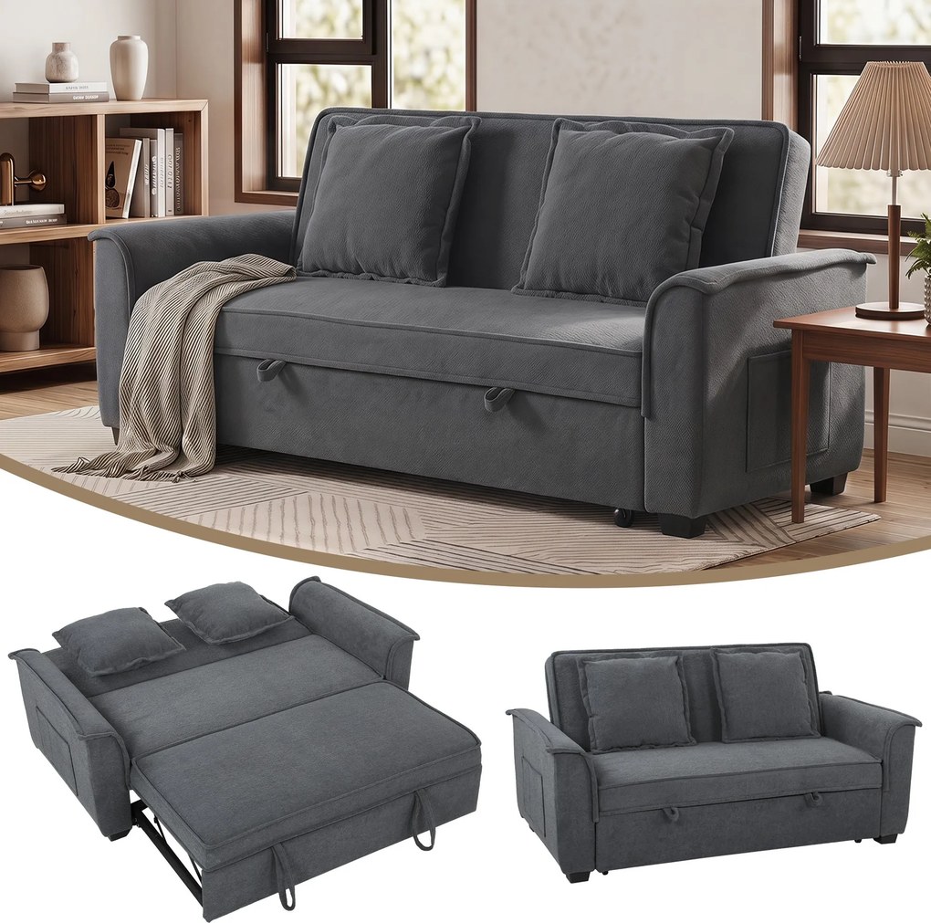 HOMCOM 2-Seater Convertible Sofa Bed, 66" Chenille Click-Clack with Adjustable Back, Pocket Springs & Side Pocket, Grey | Aosom