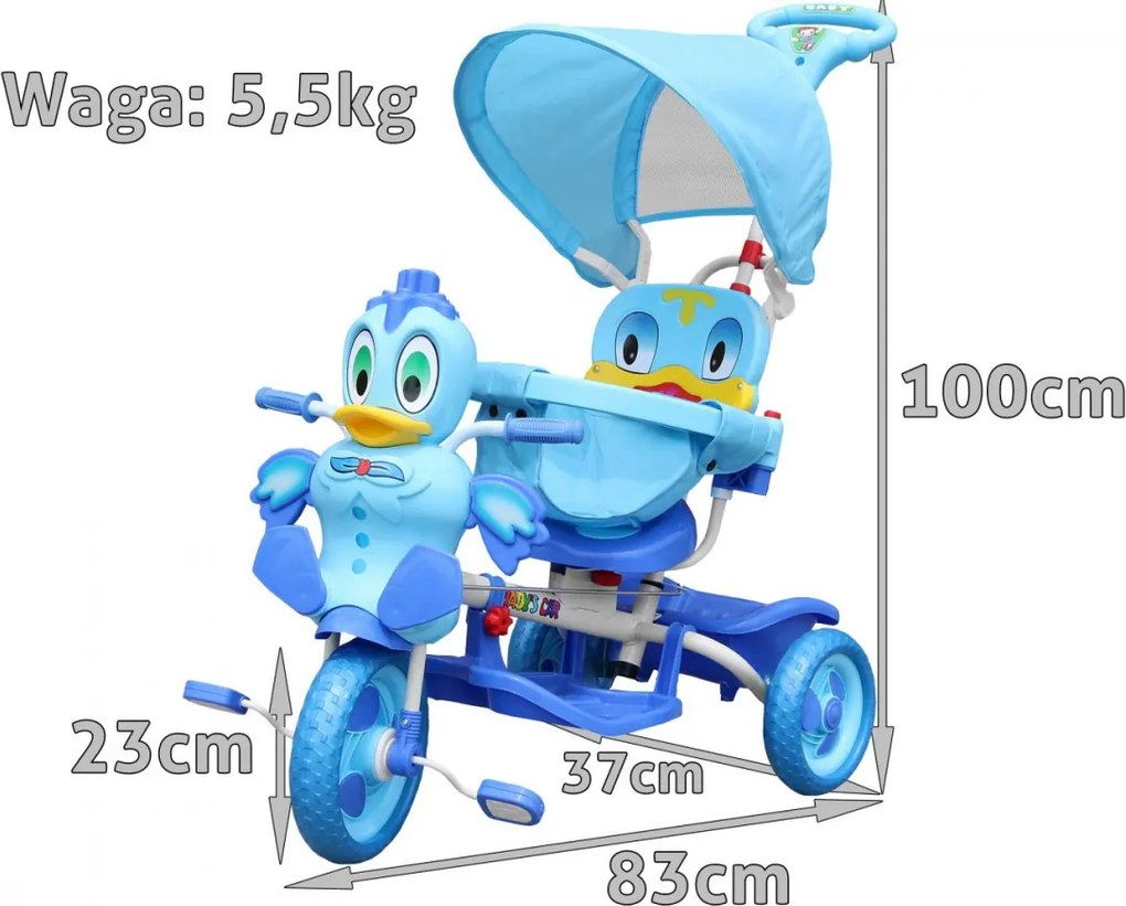 Ramiz Detský trojkolesový bicykel Duck Bike Modrá + zvuky + strieška + zábrana + opierka na nohy + rukoväť + úložný priestor