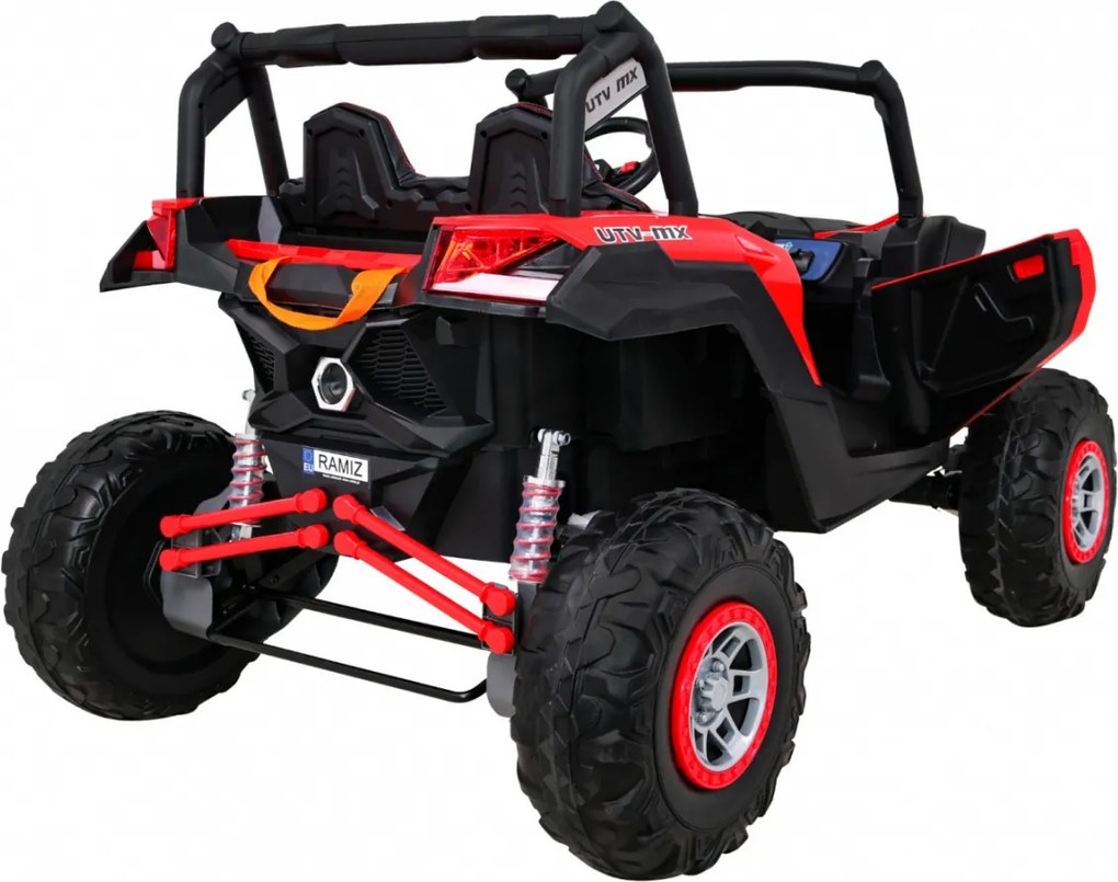 Ramiz UTV-MX batériová bugina pre deti Červená + pohon 4x4 + diaľkové ovládanie + LED zvuk + úložný priestor + EVA + pomalý štart