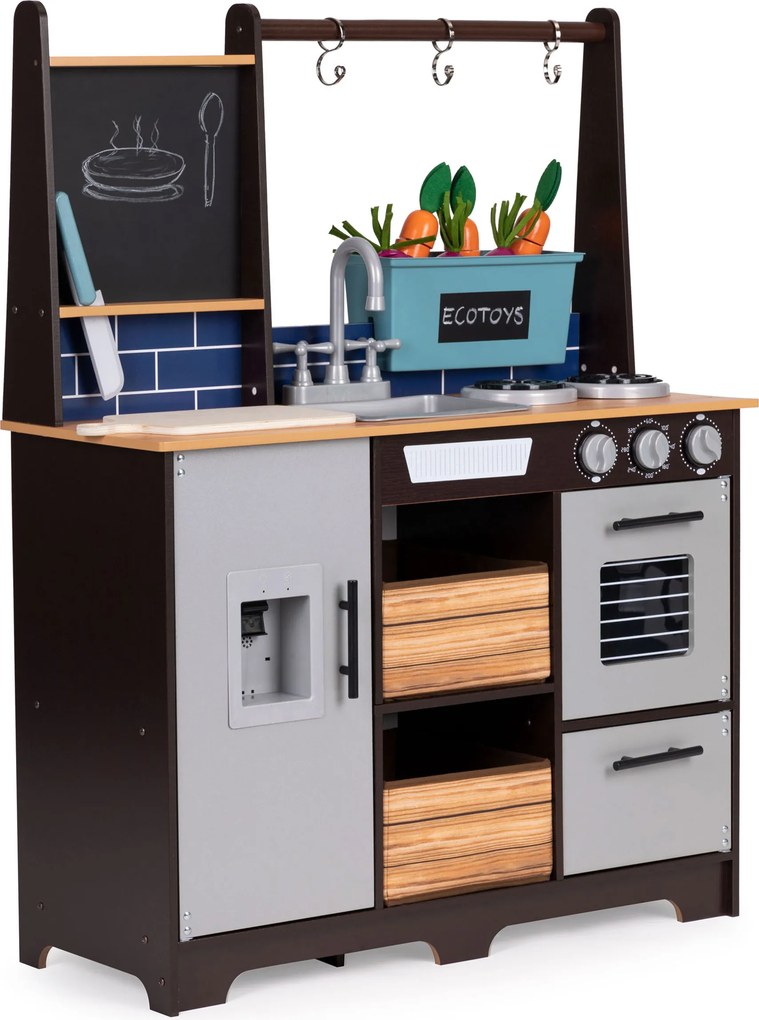Drevená detská kuchynka ECOTOYS s 11 doplnkami, vodným dávkovačom a tabuľou