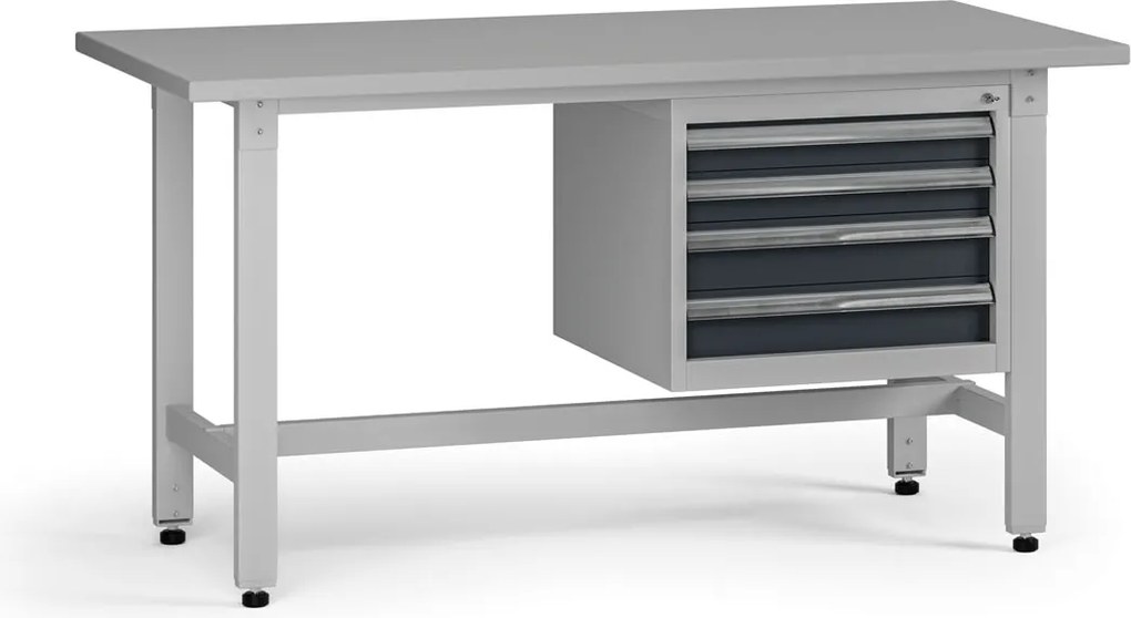 Výškovo nastaviteľný dielenský stôl G5, 1500 x 750 x 800-1000 mm, 1x kontajner, 4 zásuvky, grafit
