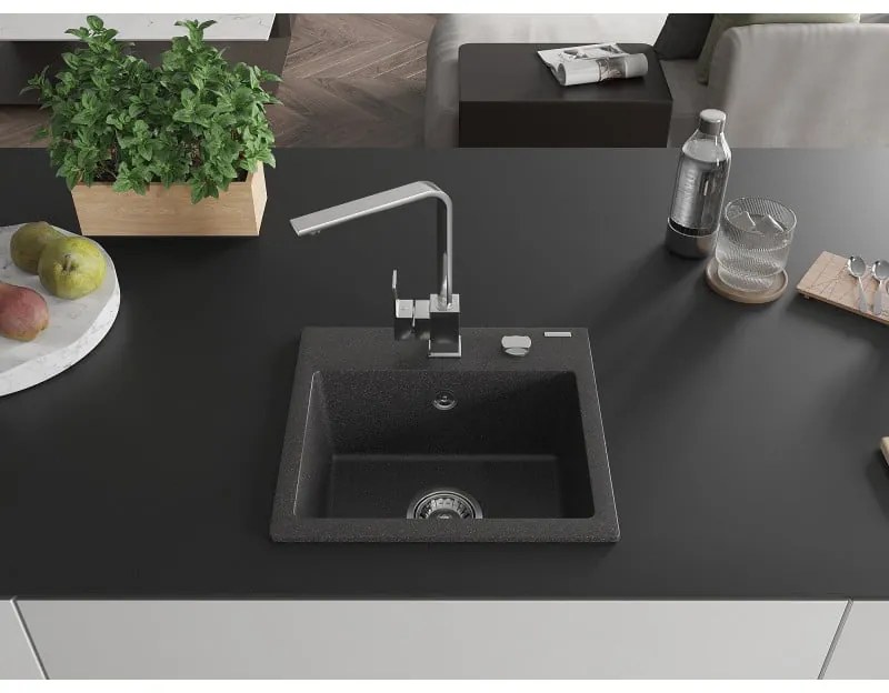 Mexen Milo, 1-komorový granitový drez 435x410x171 mm a chrómová batéria Rita, čierna škvrnitá, 6505-76-670300-00
