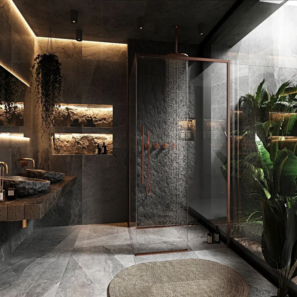 Rea Solar, sprchovací kút s posuvnými dverami 90(dvere) x 90(stena) x 195 cm, 6mm číre sklo, medený matný profil, REA-K9512