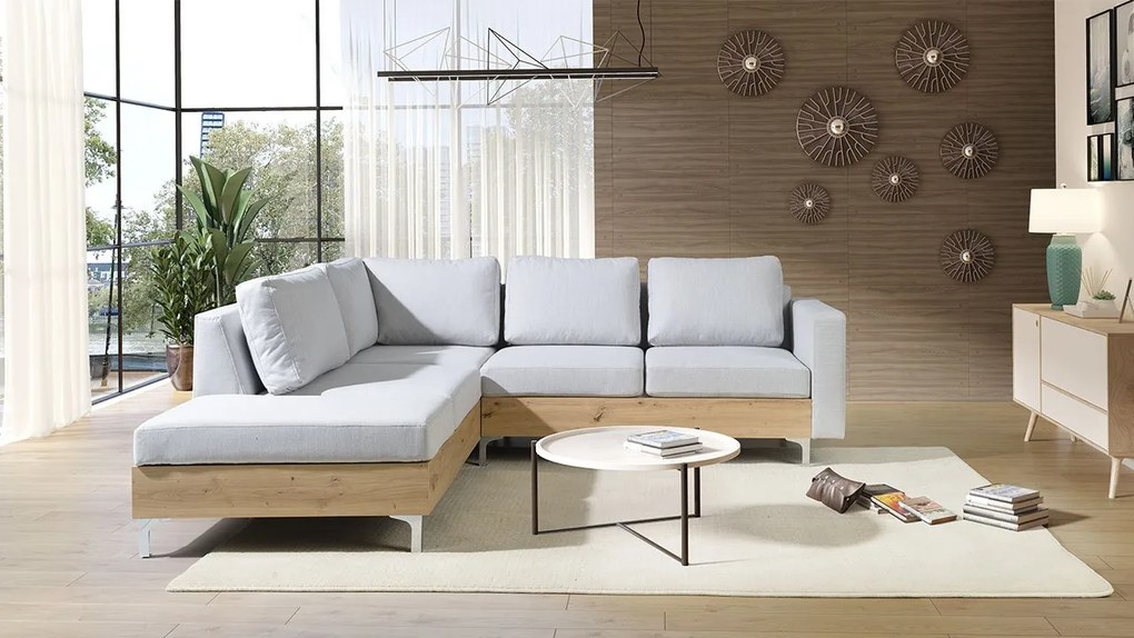 Rohová pohovka Hermes Wood, Farby: ekokoža Soft 011 (čierna), Farby nožičiek: dub monastery, Strana: ľavá