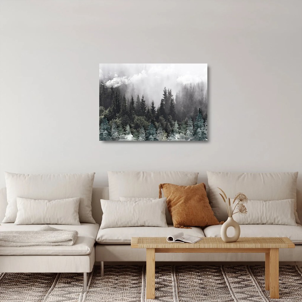 Sklenený obraz - Les s ilustrovanými prvkami (70x50 cm)
