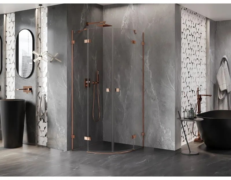 Mexen Lunar, polkruhový výklopný sprchový kút 70 x 70 cm, 8mm číre sklo, profil ružové zlato, 833-070L-070P-60-00