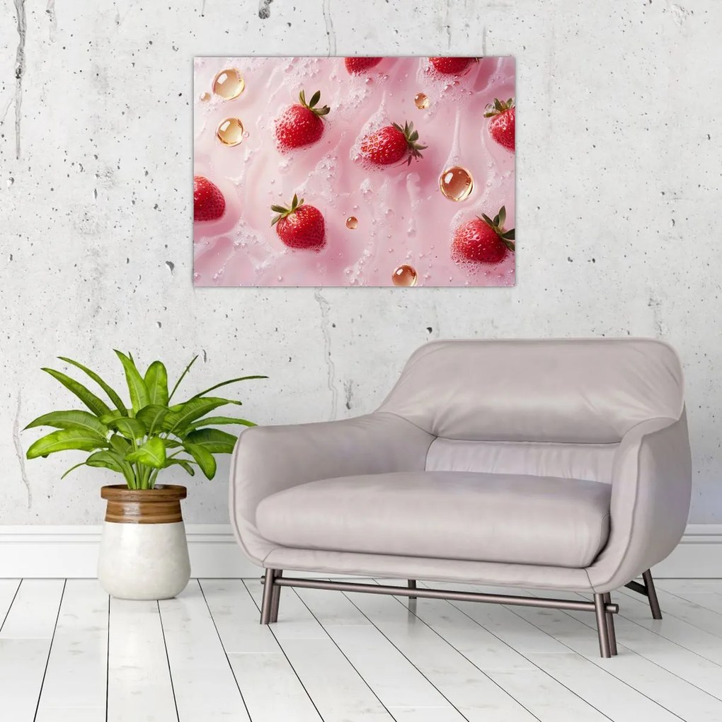 Sklenený obraz - Jahody v bublinách (70x50 cm)