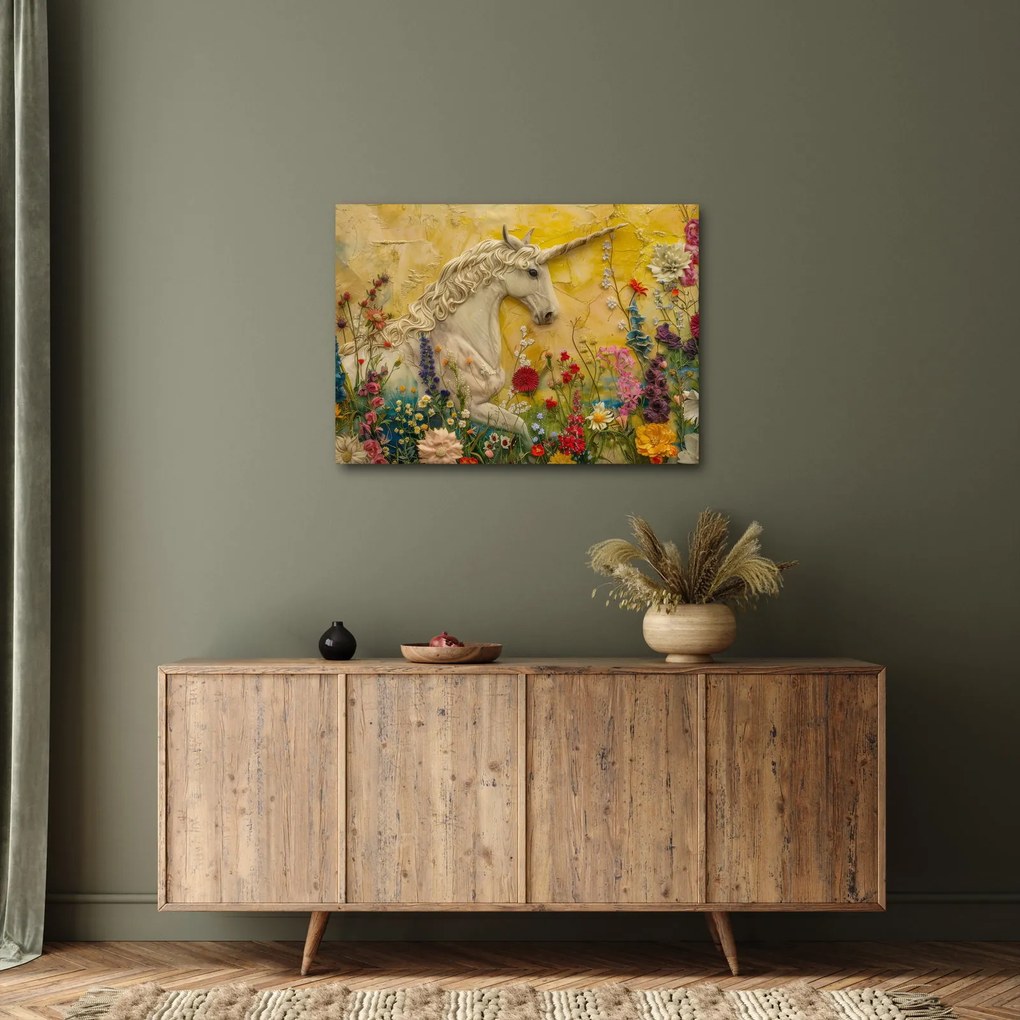 Obraz - Jednorožec s kvetinami (70x50 cm)