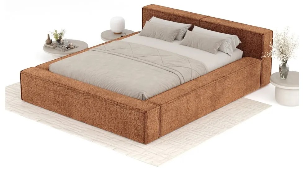 Oranžová čalúnená dvojlôžková posteľ s úložným priestorom s roštom 180x200 cm Voliera – Maison de Rêve