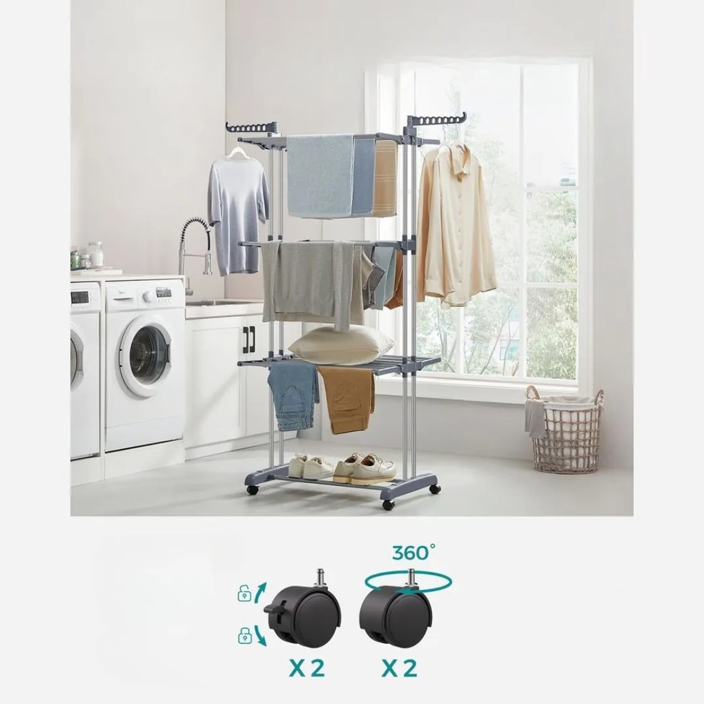 Sušiak na bielizeň ELTON so 4 úrovňami na kolieskach, 76x172x50cm, šedá SongmicsHome
