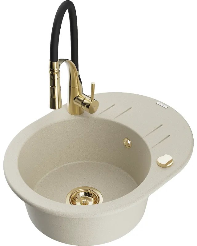 Mexen Kevin, 1-komorový granitový drez 586x458x190 mm a drezová batéria Aster, béžová, 6517-69-73450-57-G