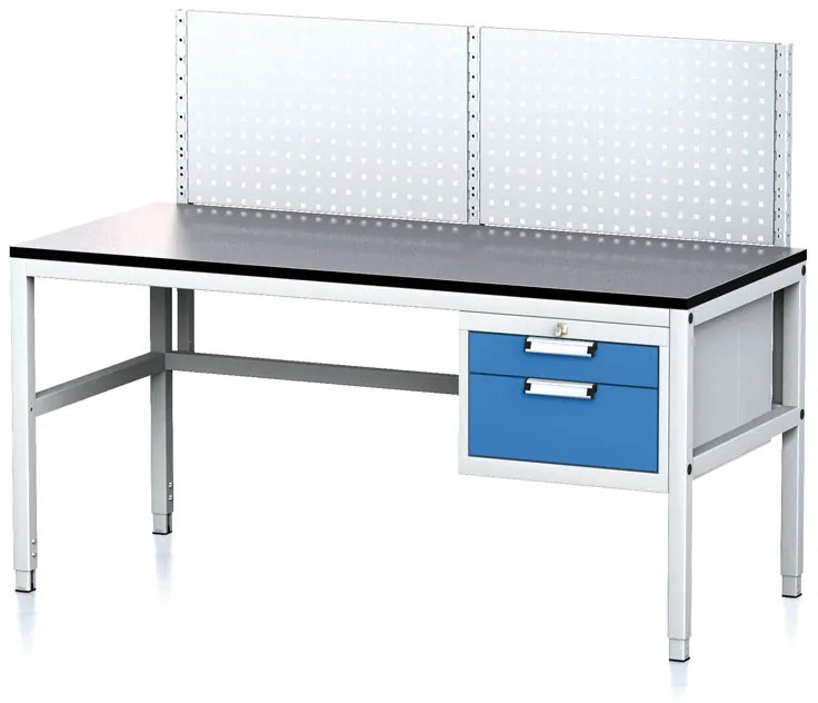 Nastaviteľný dielenský stôl MECHANIC II, s perfopanelom, 2 zásuvkový box na náradie, 1600x700x745-985 mm, sivá/modrá