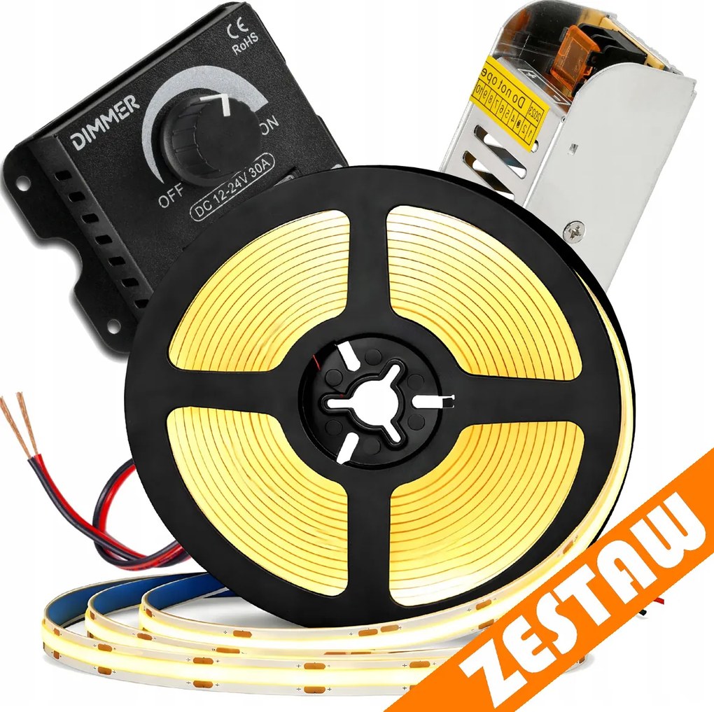 Sada neónových COB LED pásikov 12V 5m 4000K 60W - zdroj + diaľkový ovládač