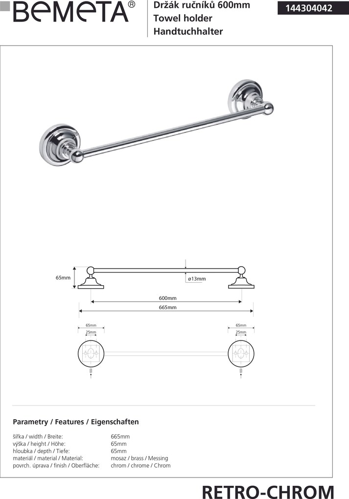 Bemeta Design RETRO chróm: Držiak uterákov, 600 mm - 144304042