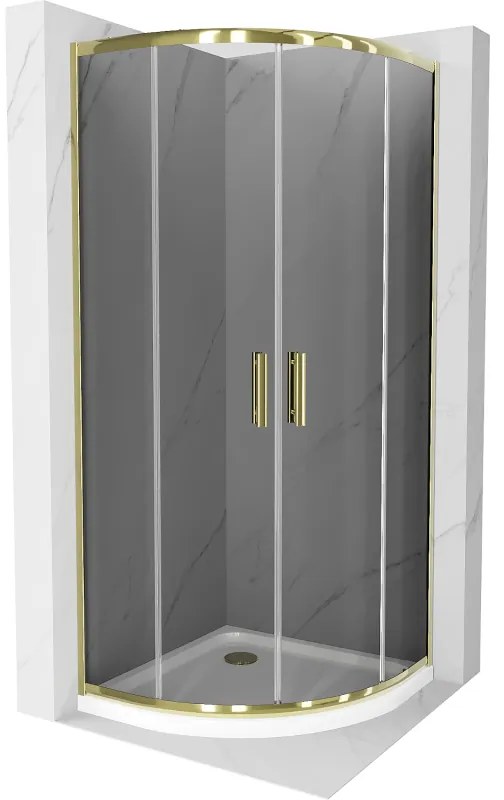 Mexen Rio, štvrťkruhový sprchovací kút s posuvnými dverami 90(dvere) x 90(dvere) x 190 cm, 6mm šedé sklo, zlatý profil + biela sprchová vanička SLIM, 863-090-090-50-40-4110G