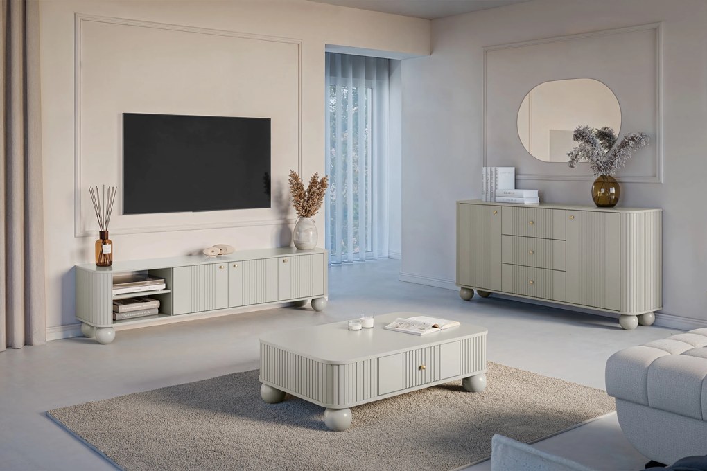 TV stolík Vesper 3D 187 cm - kašmír / zlaté úchytky / guľaté nohy