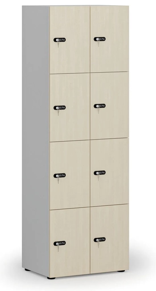 Drevená šatníková skrinka s úložnými boxmi, 8 boxov, mechanický kódový zámok, sivá/breza
