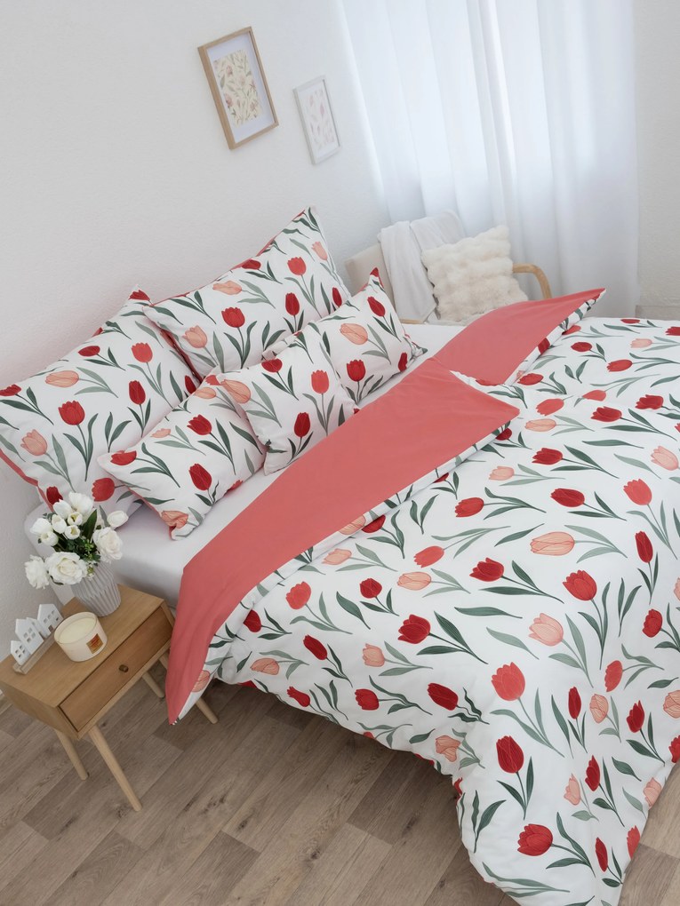 Predĺžené bavlnené obliečky Renforcé - Kvety tulipánov červené