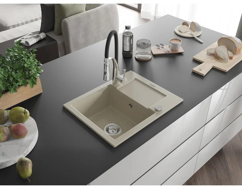 Mexen Enzo, 1-komorový granitový drez 576x465x174 mm a drezová batéria Aster, béžová, 6506-69-73450-07