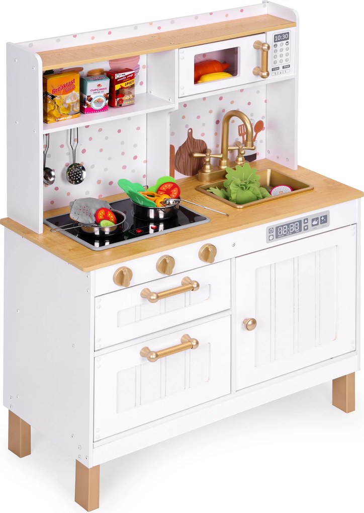 Detská drevená kuchynka ECOTOYS s LED a zvukmi, otvárateľné skrinky, 7 kovových doplnkov