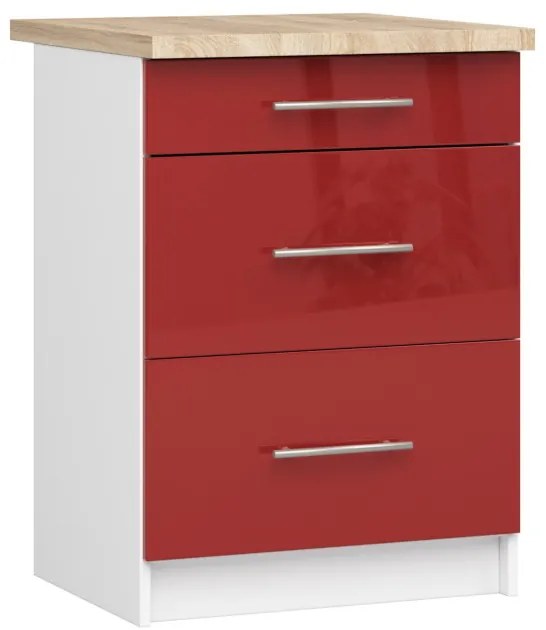 Spodná kuchynská skrinka s doskou OLIWIA S60 3SZ biela / červená, lesk