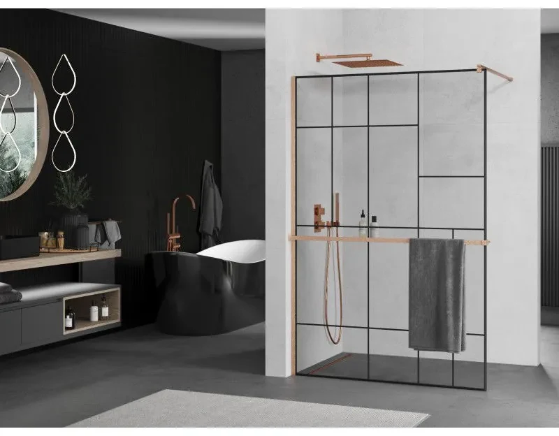 Mexen Kioto+, sprchová zástena Walk-In s poličkou a vešiakom 110 x 200 cm, 8mm číre sklo čierny vzor, medený matný profil, 800-110-121-65-78