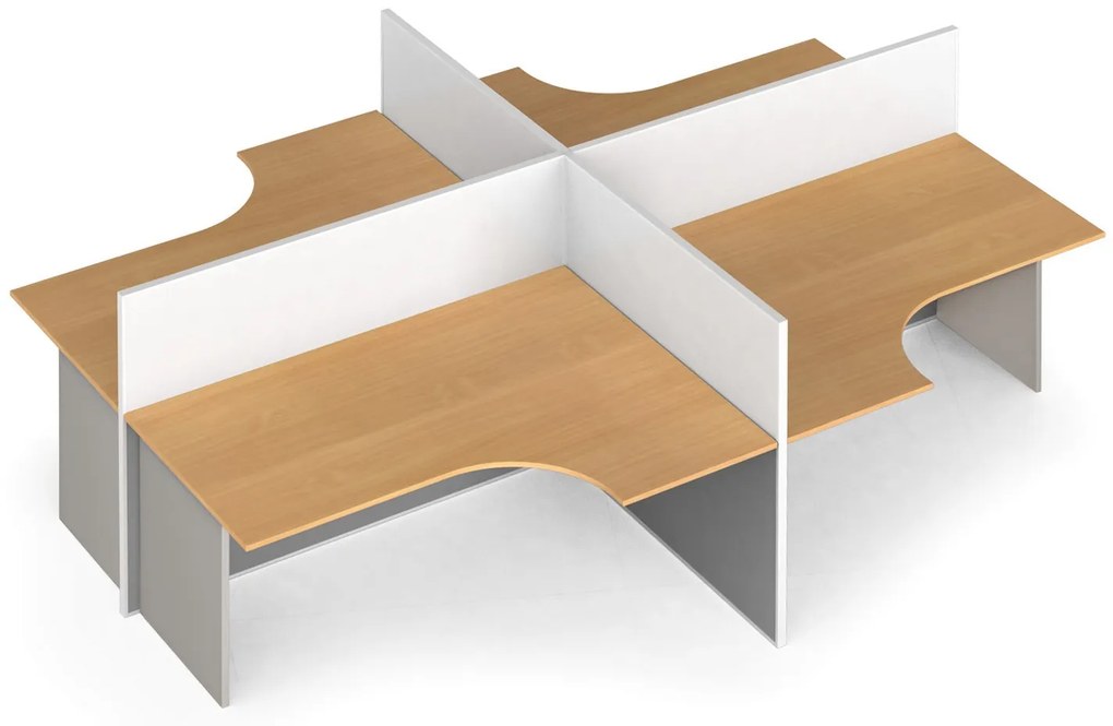 Rohový kancelársky písací stôl PRIMO s paravánom, otvorený, magnetická tabuľa, 4 miesta, sivá/buk